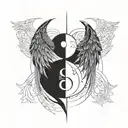 yin yang becoming a cross surrounded by angel wings  tattoo design idea