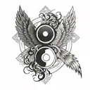 yin yang becoming a cross surrounded by angel wings  tattoo design idea