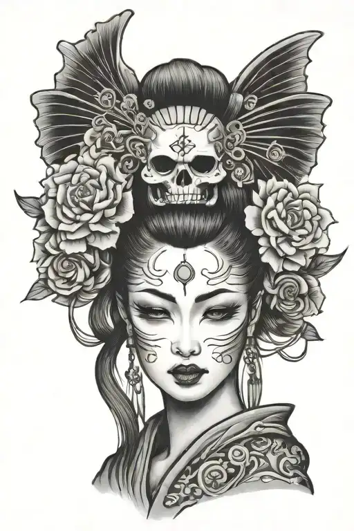 geisha half skull face tattoo design idea