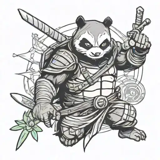 ninja panda with ninja turtles Armor and assassin's Creed symbole on the belt tattoo design idea