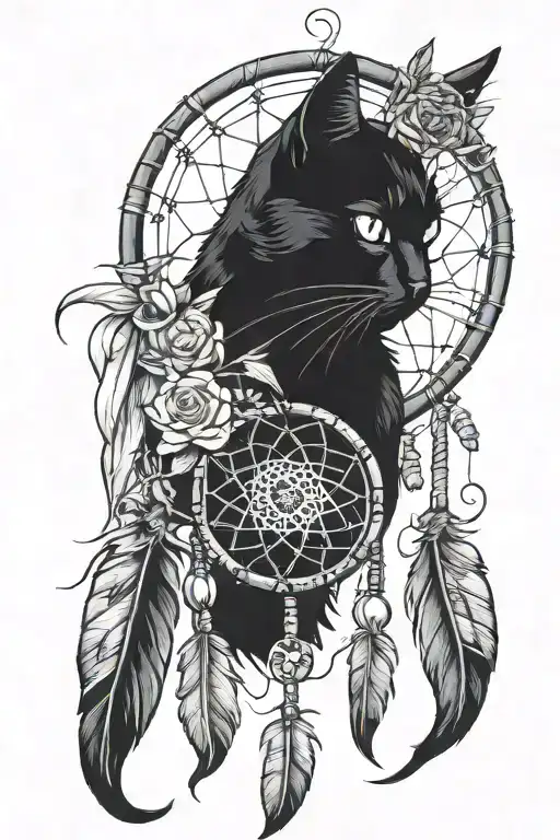 black cat an dream catcher entangled in a beautiful tattoo design idea