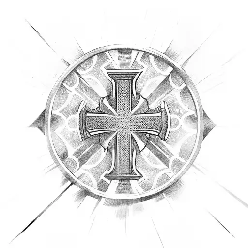 cross with sheild in the middle of cross, wrapped banner for text tattoo design idea