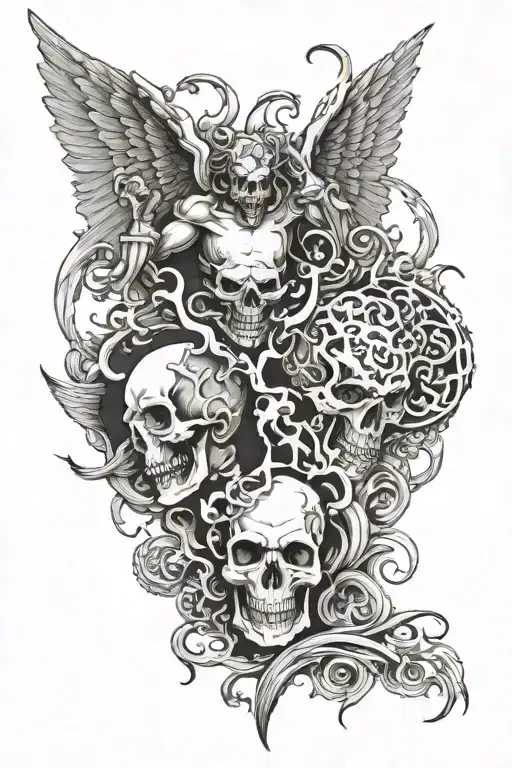 heaven vs hell, good vs evil fighting for the souls of the dead tattoo design idea