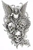 heaven vs hell, good vs evil fighting for the souls of the dead tattoo design idea