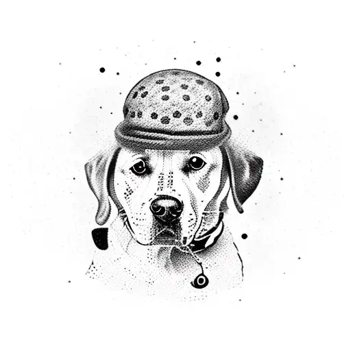 A dotwork tattoo of a dog wearing a beret and holding a baguette, representing your adoration for both dogs and Paris. tattoo design idea