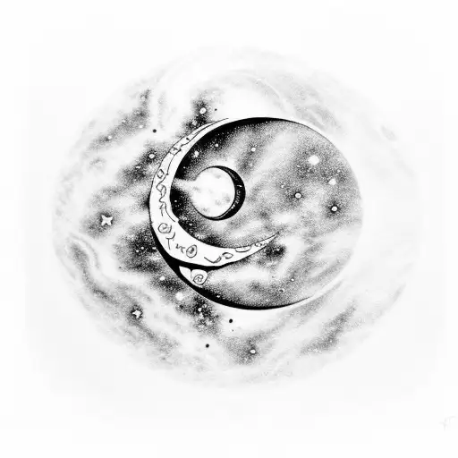 A black-grey tattoo of a crescent moon surrounded by swirling galaxies, depicting your fascination with astronomy. tattoo design idea