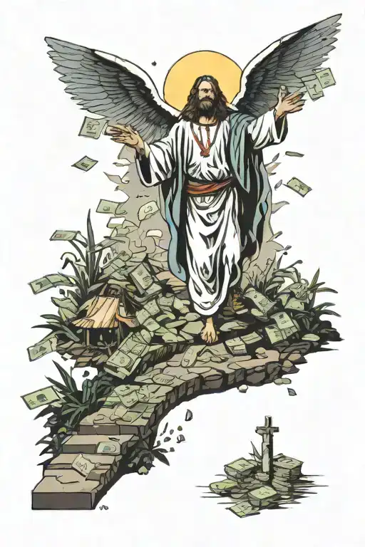 a man walking up a pathway to heaven with money scattered along the sides of the pathway with Jesus at the top tattoo design idea
