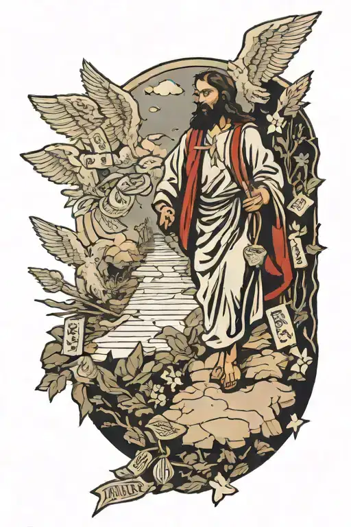 a man walking up a pathway to heaven with jesus and money scattered along the sides of the pathway tattoo design idea