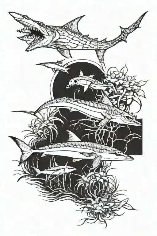 heron spider and shark swimming tattoo design idea