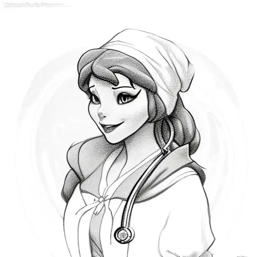 A sketch-style portrait of Snow White with a stethoscope around her neck tattoo design idea