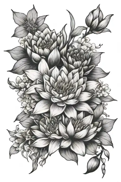 waterlily, larkspur, daffodil and cherry blossom bouquet tattoo design idea