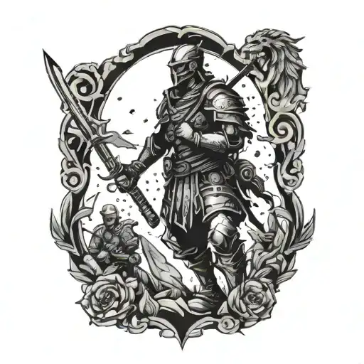 A lone warrior standing strong in a battlefield, surrounded by fallen enemies tattoo design idea