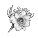Daffodil flower, lily of the valley flower, and chrysanthemum flower tattoo design idea
