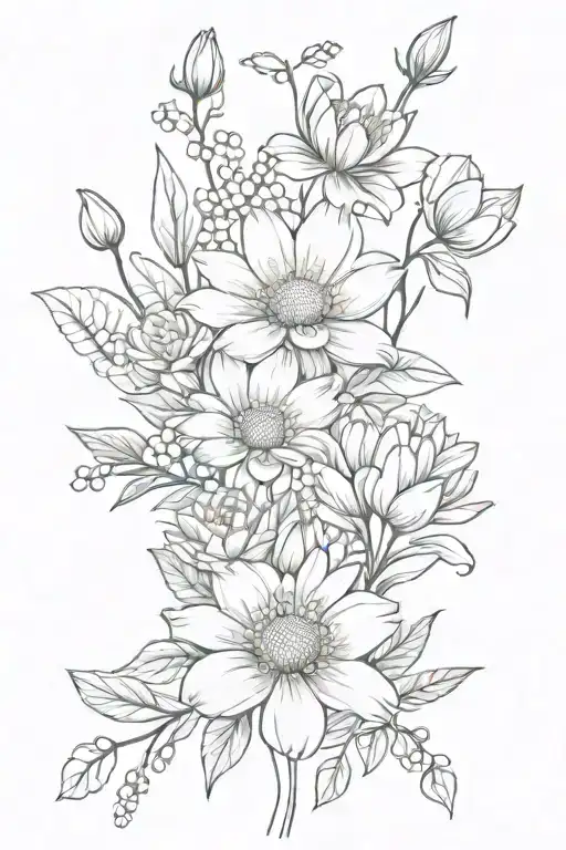 a bouquet of flowers intertwined including daisy, rose, lily of the valley, water lily, and chrysanthemum  tattoo design idea