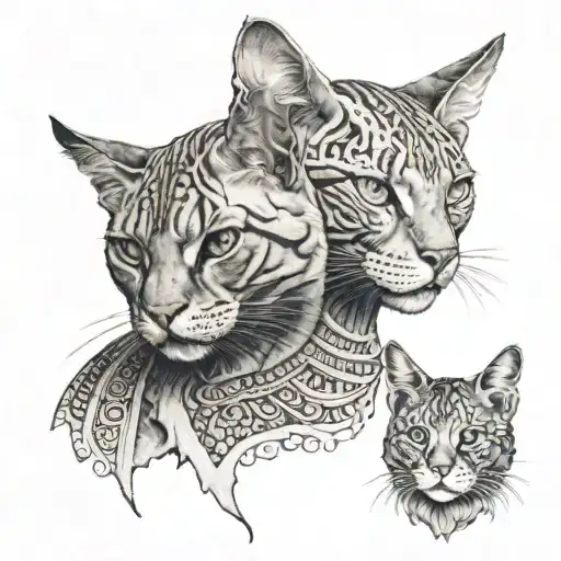 A realistic portrait of a Sphinx and a ginger cat intertwined in an artistic way tattoo design idea
