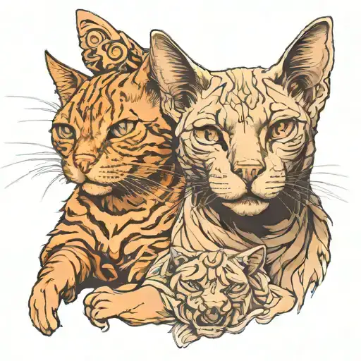 A realistic portrait of a Sphinx and a ginger cat intertwined in an artistic way tattoo design idea