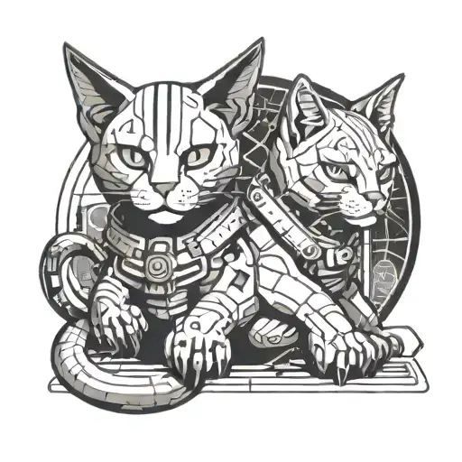 A futuristic cyberpunk version of a Sphinx and a regular ginger cat in a playful pose tattoo design idea