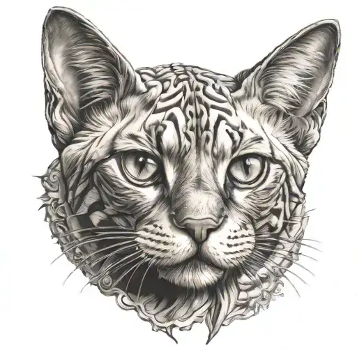 A realistic portrait of a Sphinx and a ginger cat intertwined in an artistic way tattoo design idea