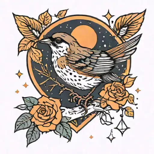 A small sparrow in the palm of a beautiful woman and the sky is dark stars are falling and orange heart tattoo design idea