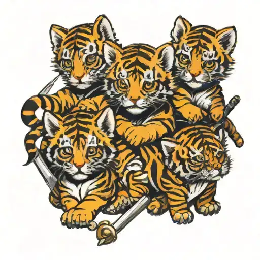 3 Baby tigers with dark cloaks and lightswords tattoo design idea