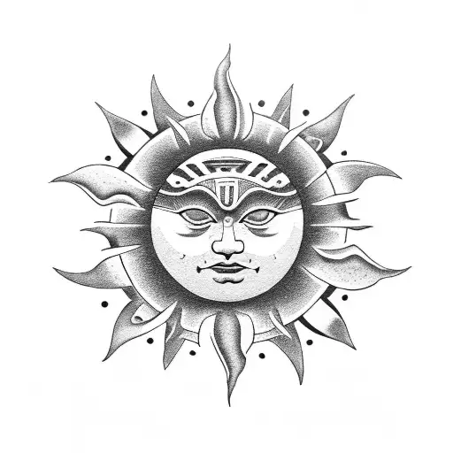 A dotwork tattoo of a Maori-inspired sun with musical notes as rays tattoo design idea