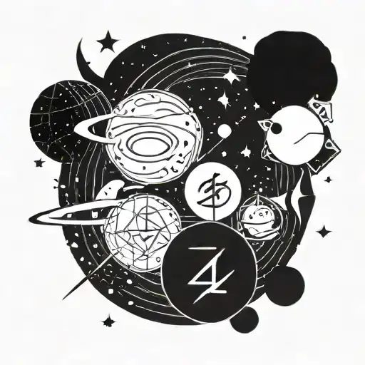 A futuristic fusion of BTS, SEVENTEEN, and ATEEZ symbols in a cosmic galaxy setting tattoo design idea