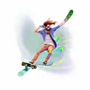 Psychedelic skateboarder surrounded by swirling money tattoo design idea