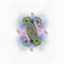 Psychedelic skateboarder surrounded by swirling money tattoo design idea