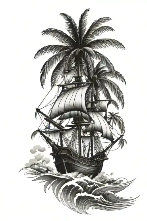 pirate ship, palm trees, compas, posiden tattoo design idea