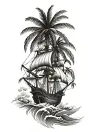 pirate ship, palm trees, compas, posiden tattoo design idea