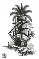 pirate ship, palm trees, compas, posiden tattoo design idea