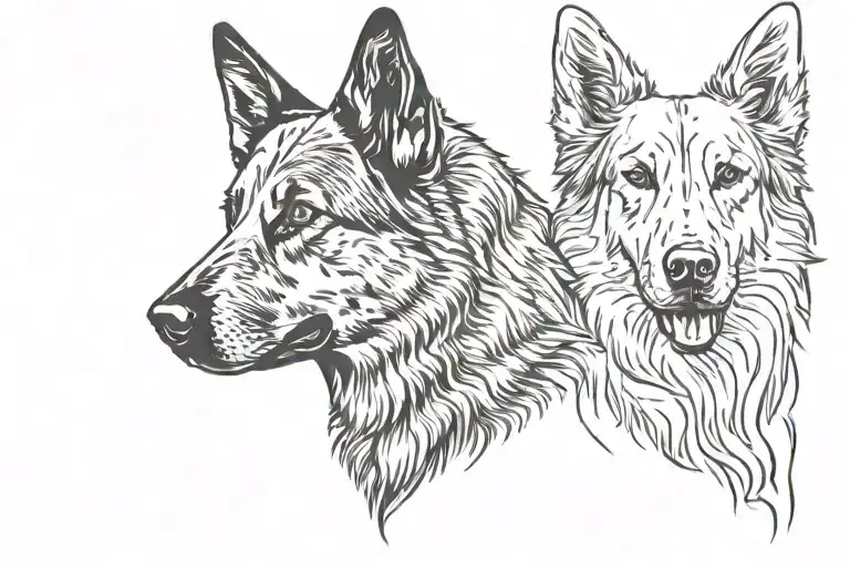silhouette of a german shepherd head next to a silhouette of a golden retriever head facing forward tattoo design idea