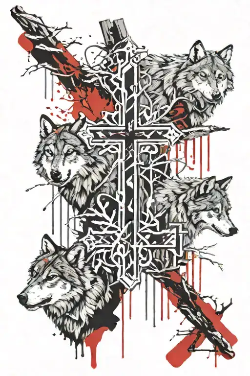 three crosses, wolves, forest, creek tattoo design idea
