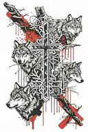 three crosses, wolves, forest, creek tattoo design idea