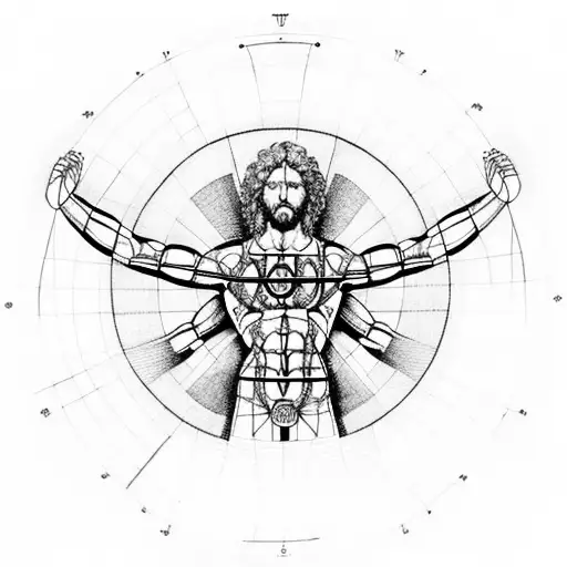 the Vitruvian Man in the realistic style surrounded by geometric symbols tattoo design idea