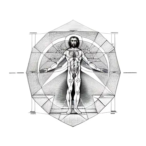 A drawing of the Vitruvian Man in the realistic style surrounded by geometric symbols tattoo design idea