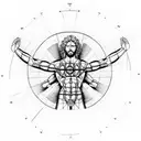 the Vitruvian Man in the realistic style surrounded by geometric symbols tattoo design idea