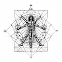 the Vitruvian Man in the realistic style surrounded by geometric symbols tattoo design idea