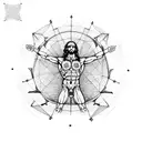 the Vitruvian Man in the realistic style surrounded by geometric symbols tattoo design idea