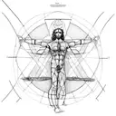 the Vitruvian Man in the realistic style surrounded by geometric symbols tattoo design idea