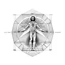 A drawing of the Vitruvian Man in the realistic style surrounded by geometric symbols tattoo design idea