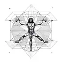 A drawing of the Vitruvian Man in the realistic style surrounded by geometric symbols tattoo design idea