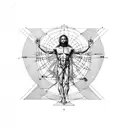 A drawing of the Vitruvian Man in the realistic style surrounded by geometric symbols tattoo design idea