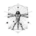 A drawing of the Vitruvian Man in the realistic style surrounded by geometric symbols tattoo design idea