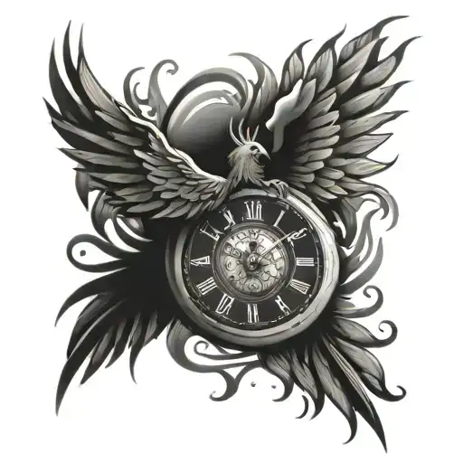 Clock burning with phoenix tattoo design idea