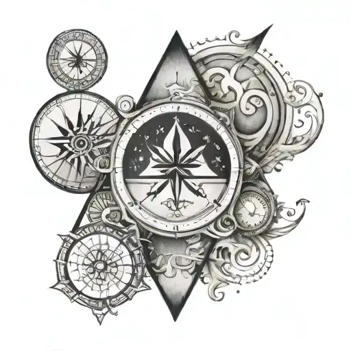 A tattoo design featuring the four elements (earth, air, fire, water) each placed seperately in a quadrant of a compass tattoo design idea