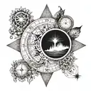 A tattoo design featuring the four elements (earth, air, fire, water) each placed seperately in a quadrant of a compass tattoo design idea