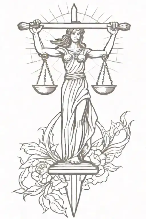 simple lady justice dagger with weights hanging off both ends of the handles, with sun imagery  tattoo design idea