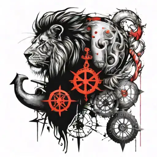 lion, anchor, compass, family of 4 from the back. tattoo design idea