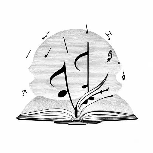 A stack of books with musical notes floating out of them tattoo design idea